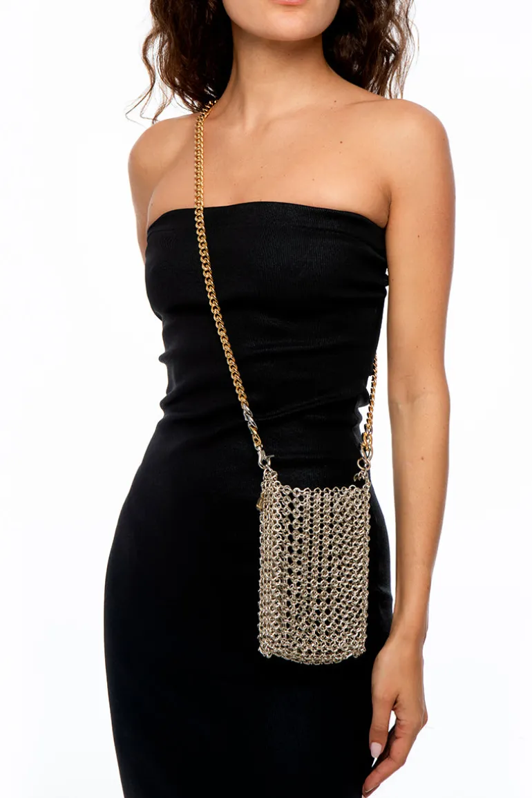 Shoulder Bags<CULT MIA THE PORTACELLY SILVER BAG Silver and Gold Handles
