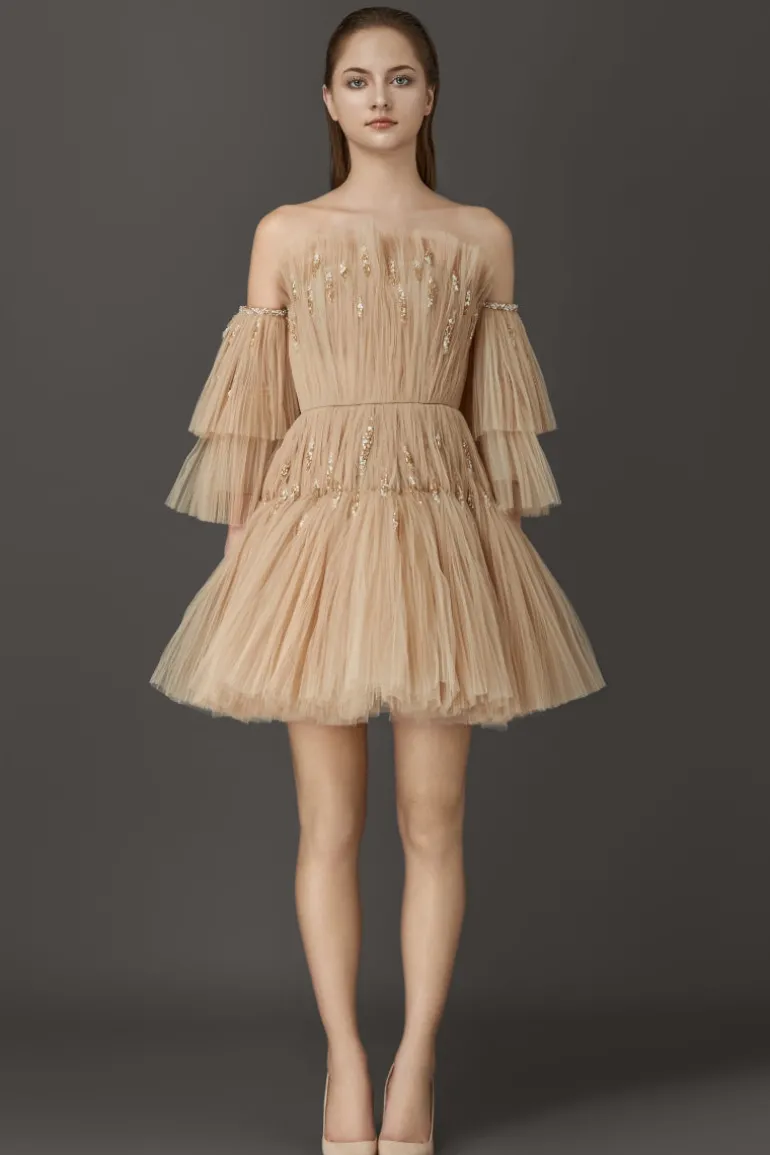 Dresses | Mini Dresses<CULT MIA THREE LAYERS TULLE DRESS WITH LEAF-SHAPE CRYSTAL EMBROIDERIES Nude