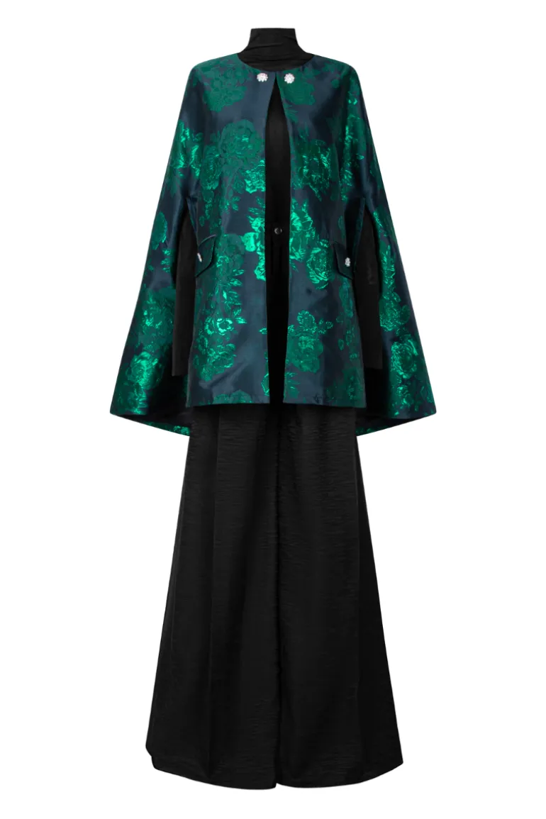 Outfit Sets<CULT MIA TURTLENECK LONG-SLEEVE TOP WITH WIDE-LEG TROUSERS AND CAPE SET Black and Green