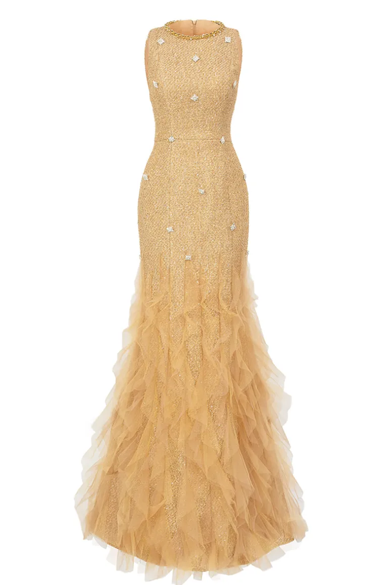 Dresses<CULT MIA TWEED JEWEL NECK MERMAID MAXI DRESS IN Beige