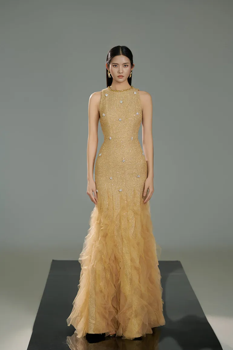 Dresses<CULT MIA TWEED JEWEL NECK MERMAID MAXI DRESS IN Beige