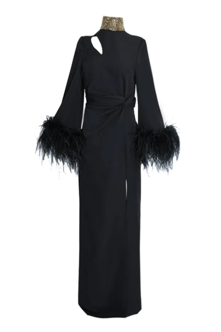 Dresses<CULT MIA TWIST KNOT FULL-LENGTH BLACK GOWN WITH FEATHER Midnight Black