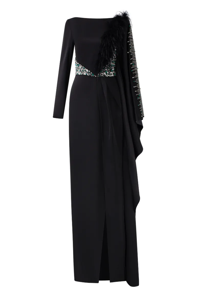 Dresses<CULT MIA VALENTINA SILK SATIN FEATHER DRESS Black