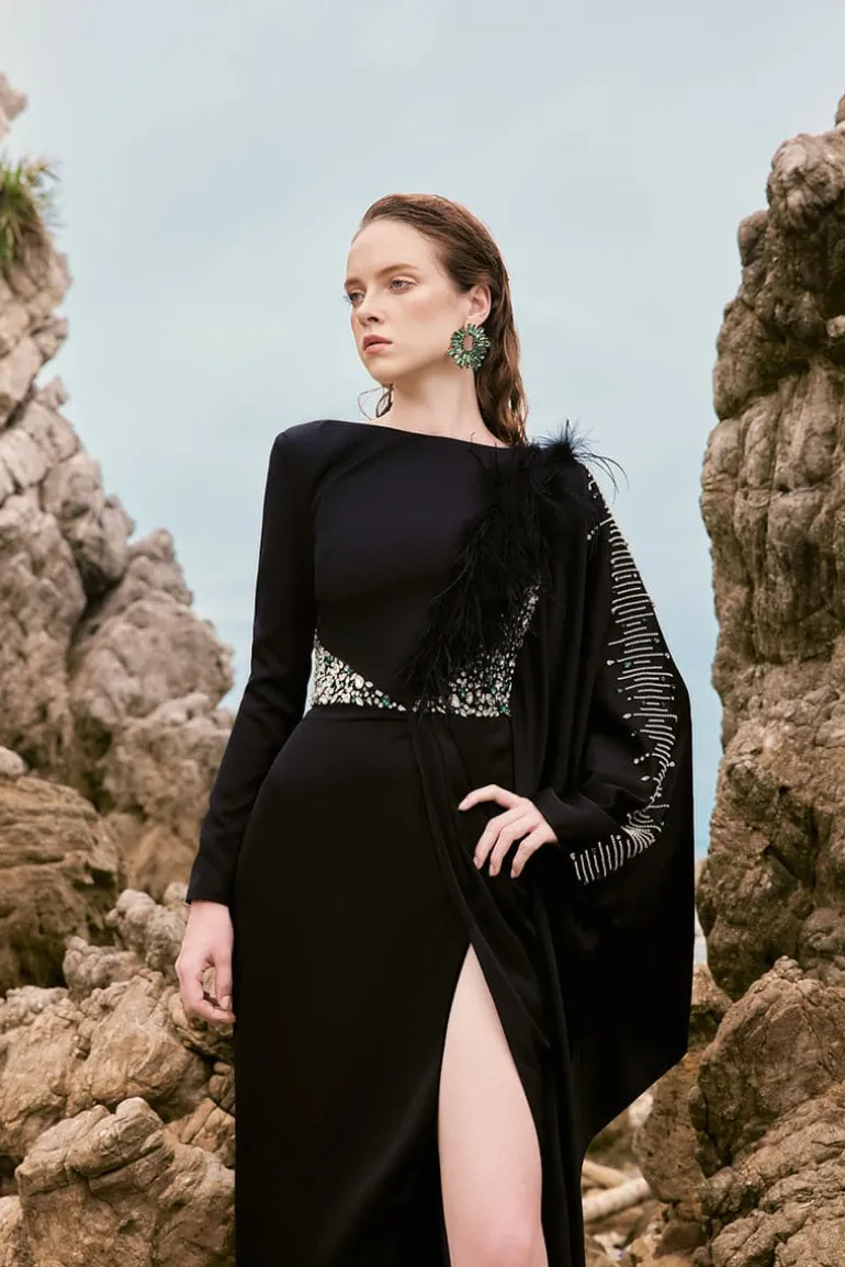 Dresses<CULT MIA VALENTINA SILK SATIN FEATHER DRESS Black