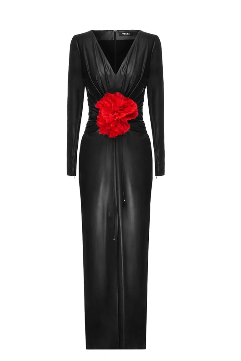 Dresses<CULT MIA VEGAN LEATHER MAXI DRESS WITH REMOVABLE FLOWER Black