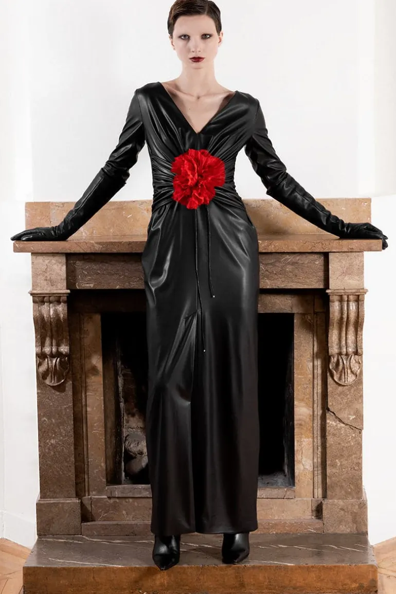 Dresses<CULT MIA VEGAN LEATHER MAXI DRESS WITH REMOVABLE FLOWER Black