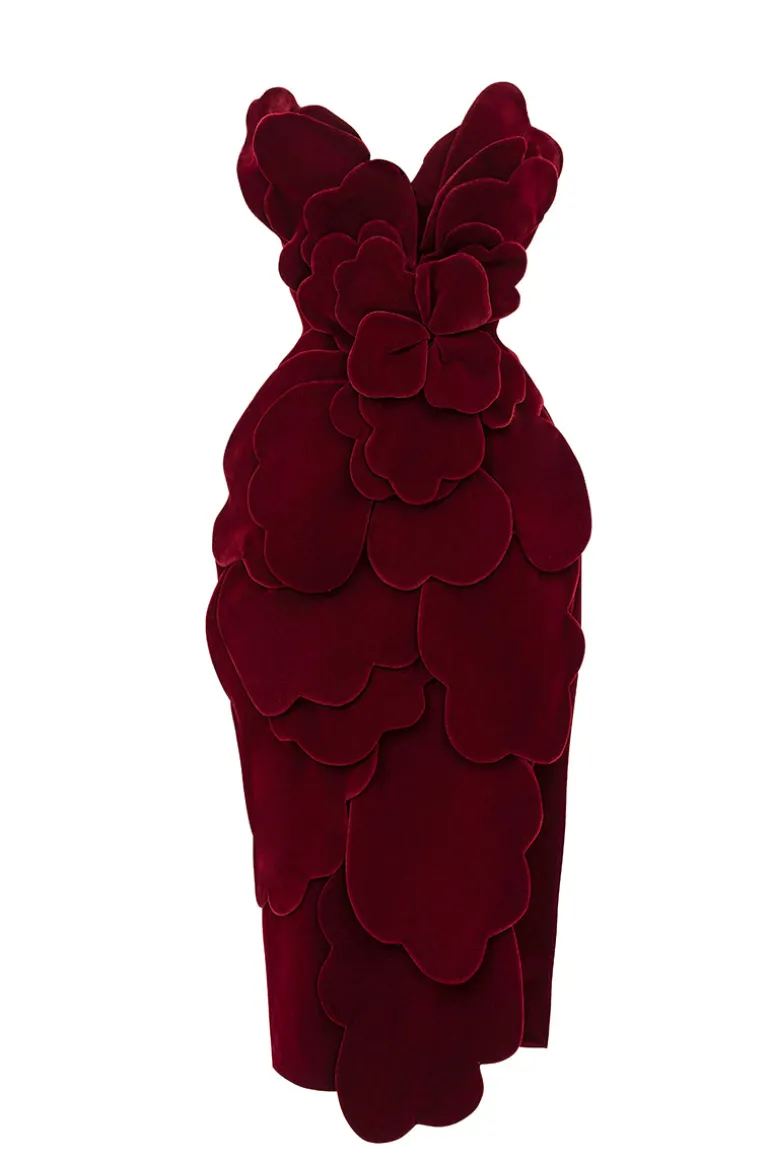 Dresses | Midi Dresses<CULT MIA VELVET V-NECK PETAL STRAPLESS VELVET MIDI DRESS IN RED Burgundy Red