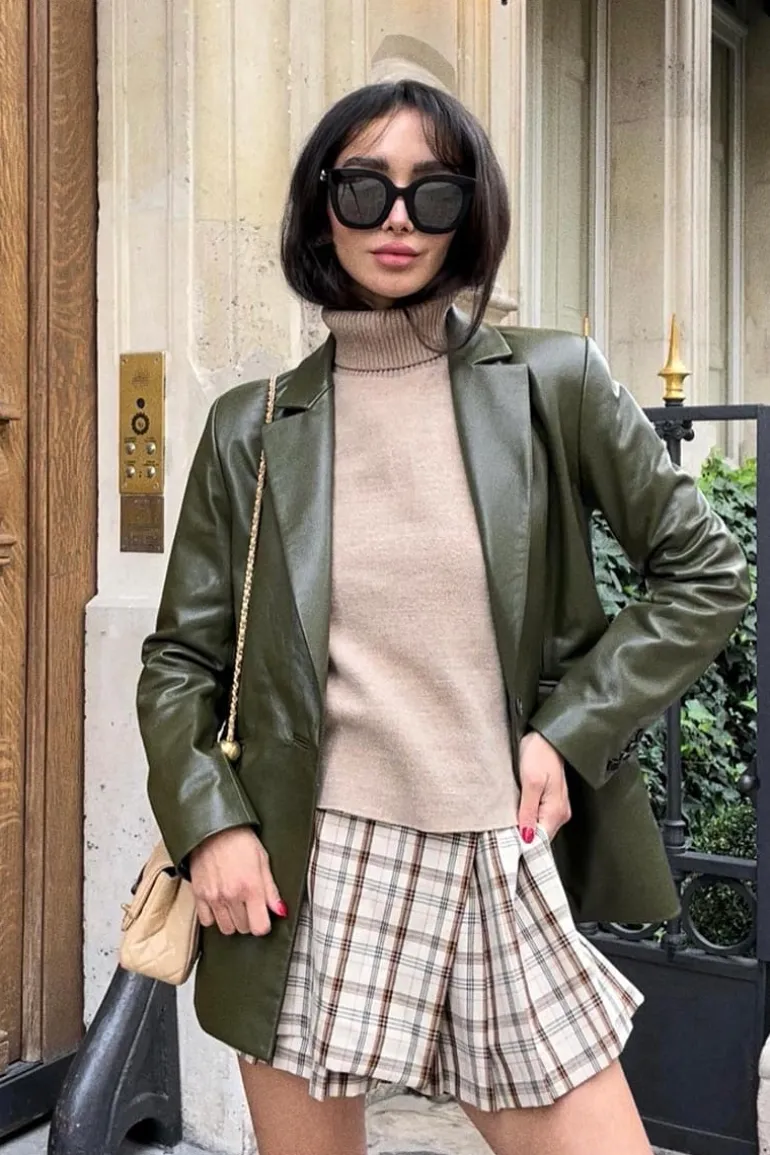 Blazers<CULT MIA VERHEYEN X CHESCA OVERSIZED LEATHER BLAZER Olive