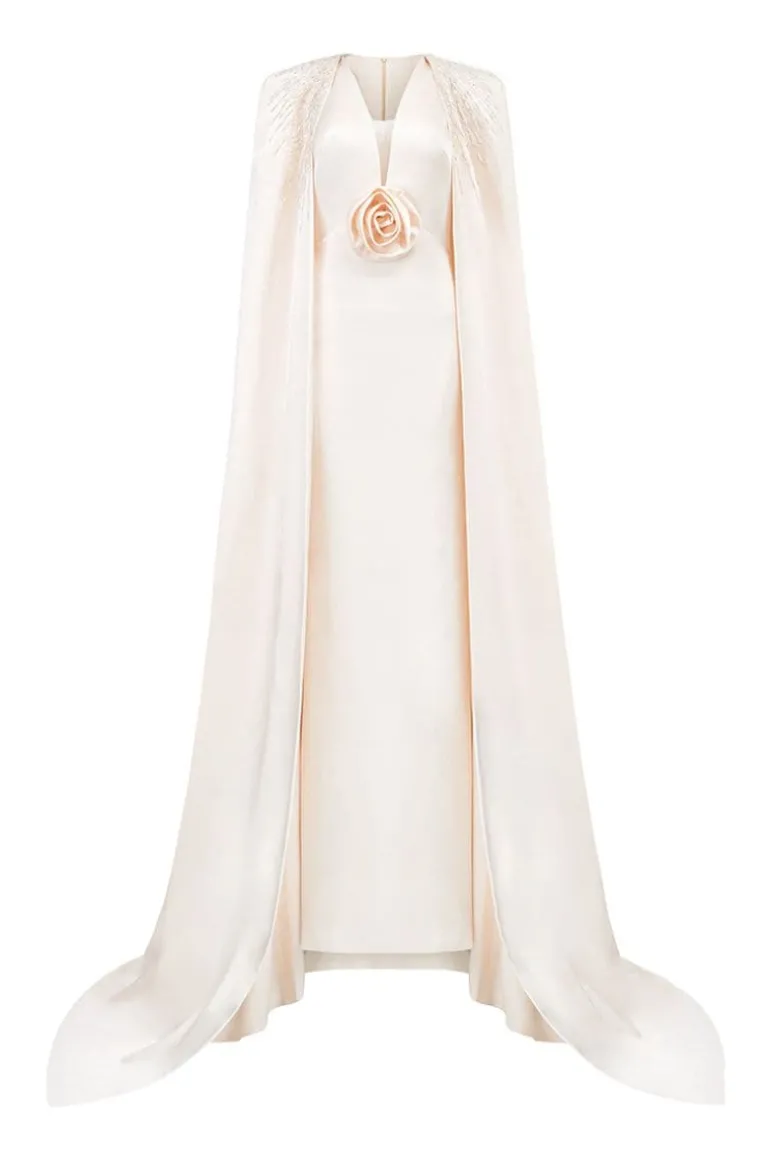Dresses | Gowns<CULT MIA V-NECK GOWN WITH PLEATED LONG CAPE Cream