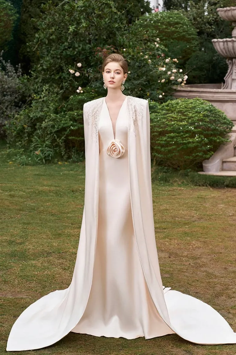 Dresses | Gowns<CULT MIA V-NECK GOWN WITH PLEATED LONG CAPE Cream