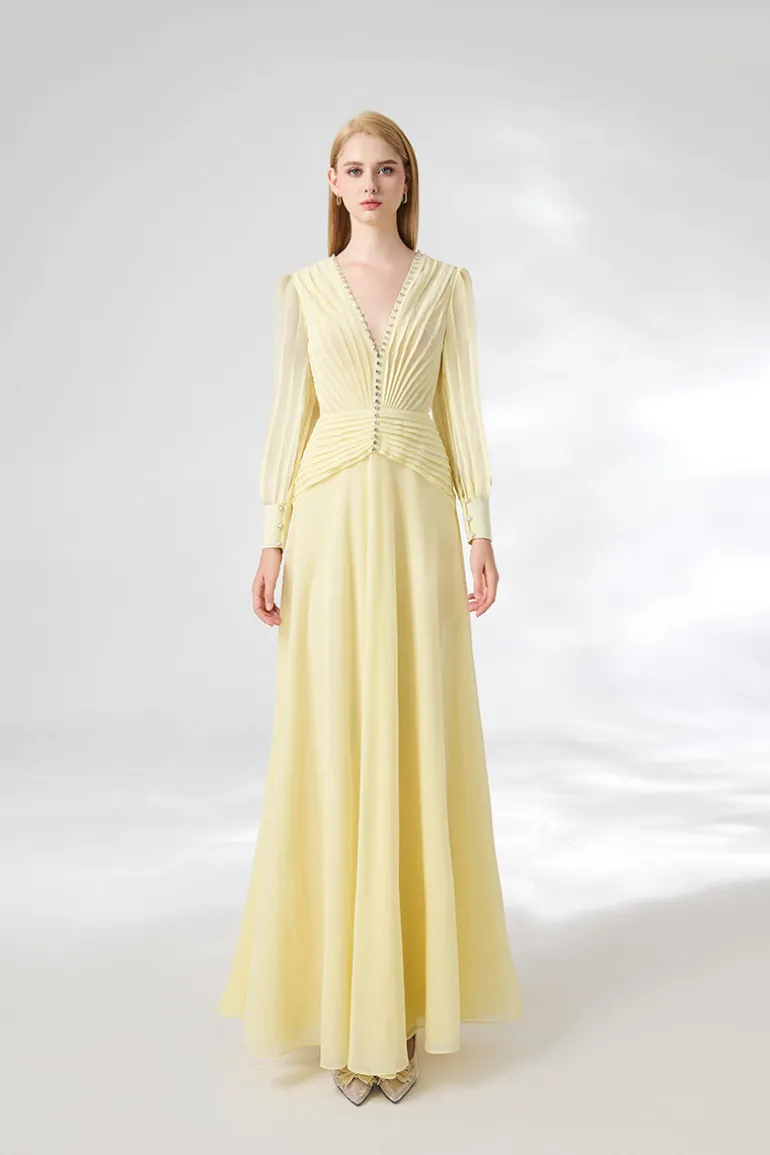 Dresses<CULT MIA V-NECK LIGHT YELLOW FLOOR LENGTH DRESS Beige