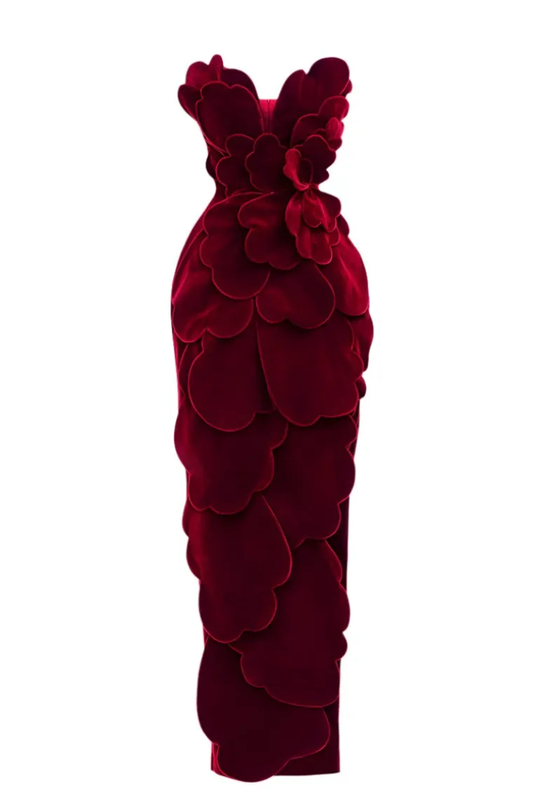 Dresses<CULT MIA V-NECK PETAL STRAPLESS VELVET MAXI DRESS IN RED Burgundy Red