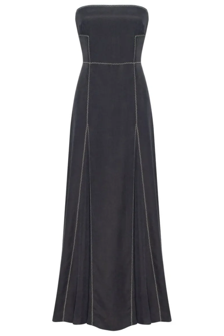 Dresses<CULT MIA WASHED BLACK BONED ZIG-ZAG MAXI DRESS Washed black with yellow zig-zag lines