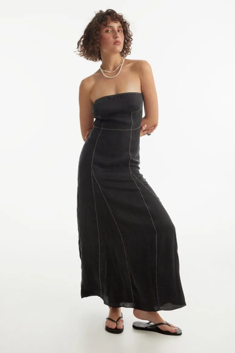 Dresses<CULT MIA WASHED BLACK BONED ZIG-ZAG MAXI DRESS Washed black with yellow zig-zag lines