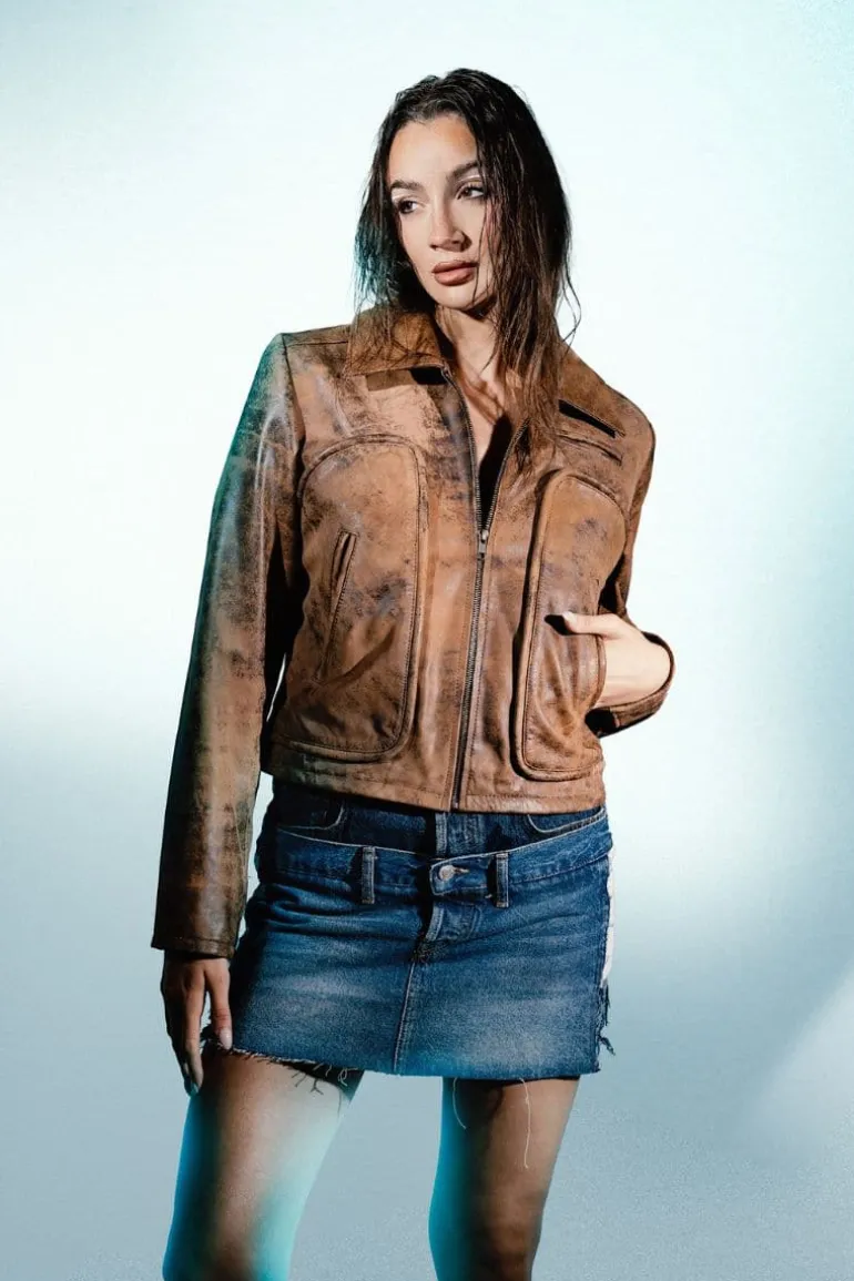 Jackets<CULT MIA EMERY LEATHER JACKET Washed Brown
