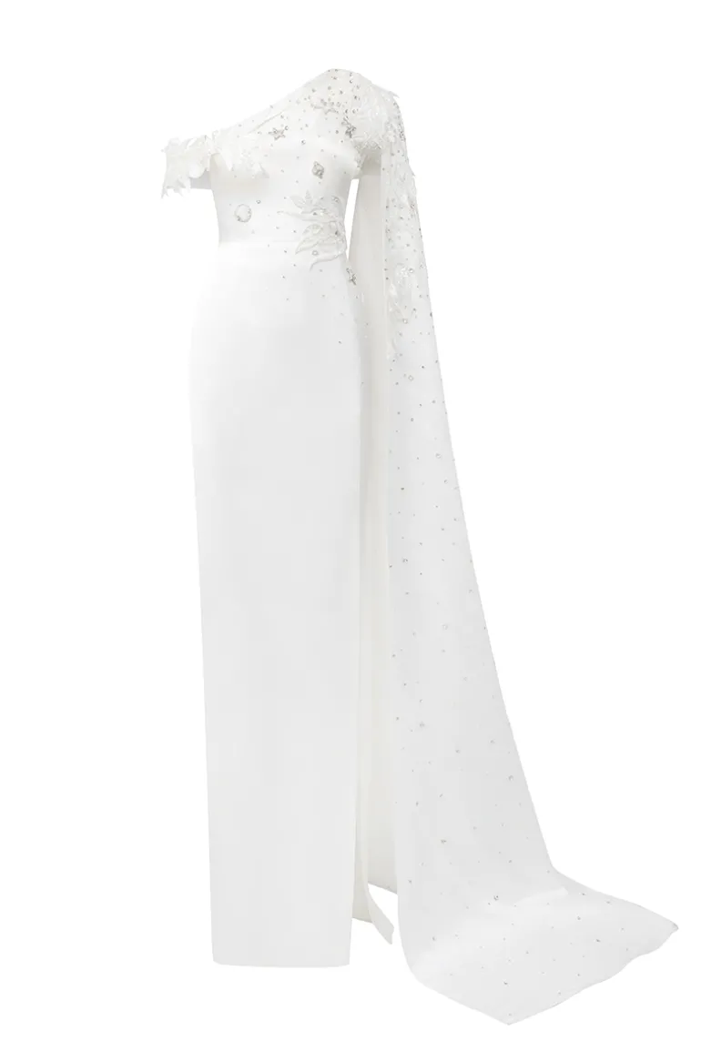 Dresses | Gowns<CULT MIA ASYMMETRIC SLEEVE SIDE SLIT GOWN White