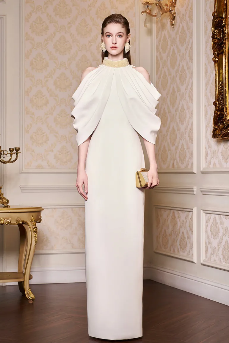 Dresses | Gowns<CULT MIA BOTTLE NECKLINE DRAPED SHOULDER GOWN White