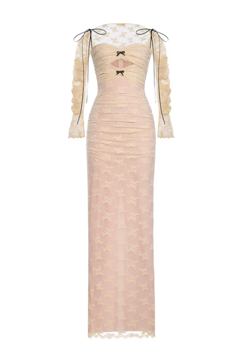 Dresses<CULT MIA WHITE BOW CUT OUT LACES MAXI DRESS Ivory