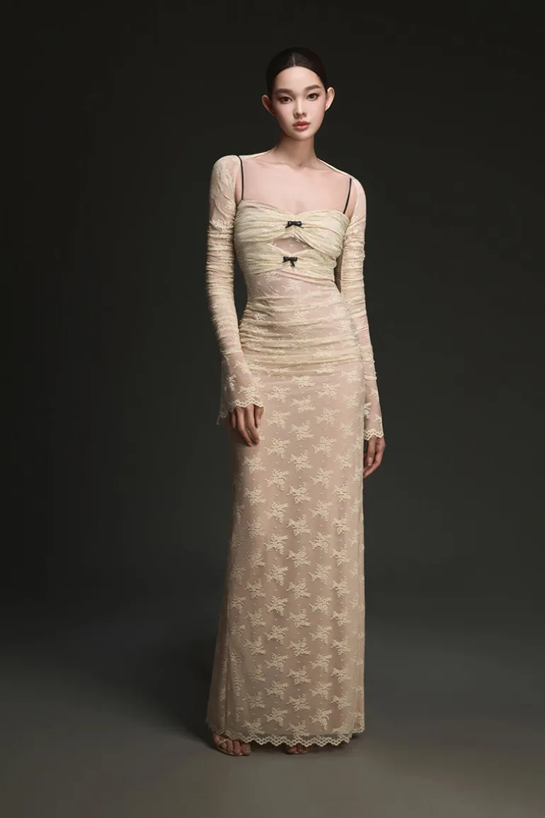 Dresses<CULT MIA WHITE BOW CUT OUT LACES MAXI DRESS Ivory
