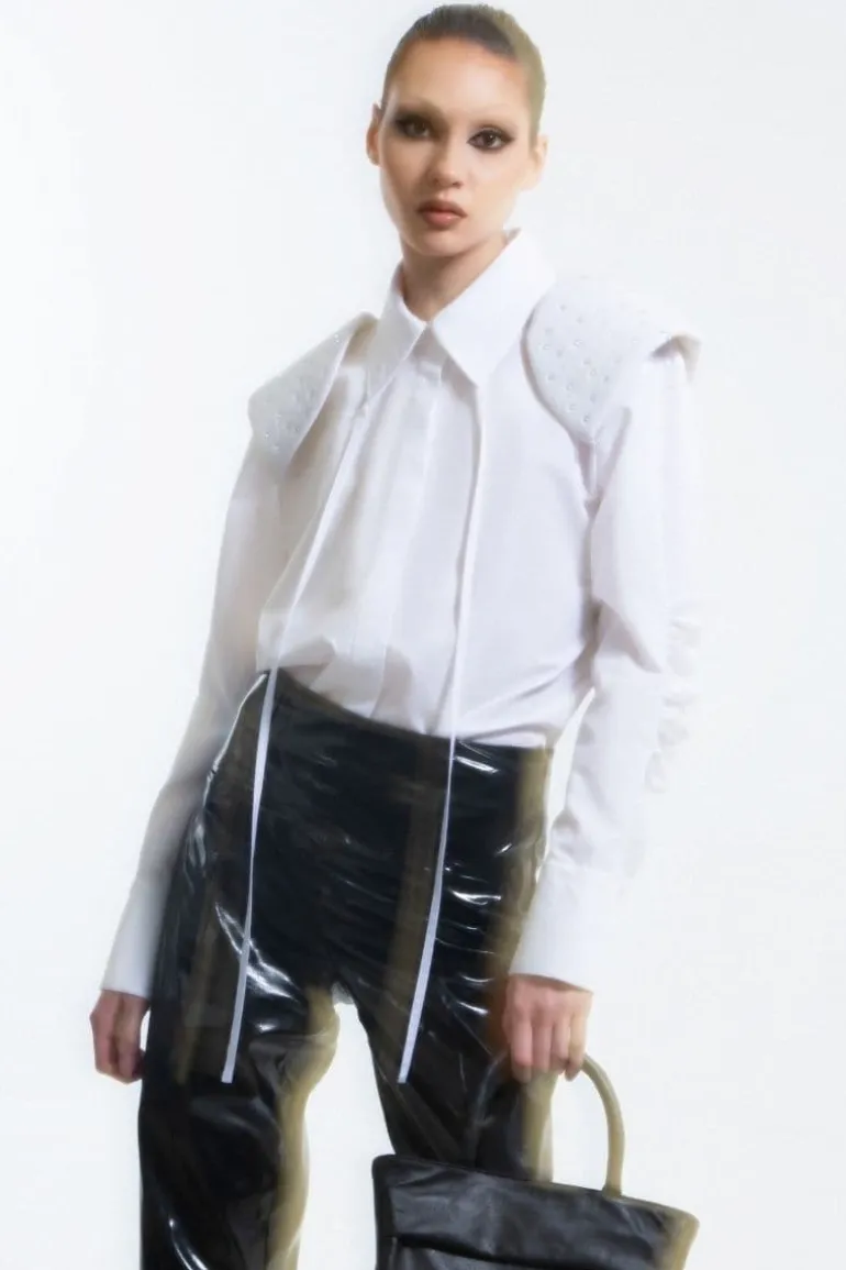 Tops<CULT MIA SHIRT WITH CRYSTAL SHOULDER PADS White