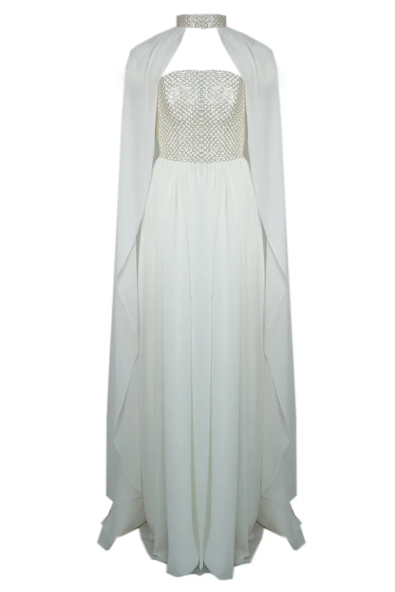 Dresses | Gowns<CULT MIA WHITE STRAPLESS GOWN FEATURING CHOKER CAPE Off-White