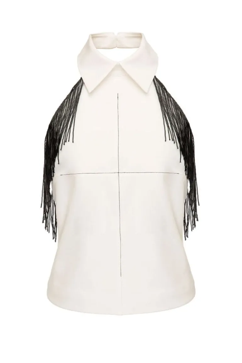 Tops<CULT MIA TOP WITH BEADED FRINGE White