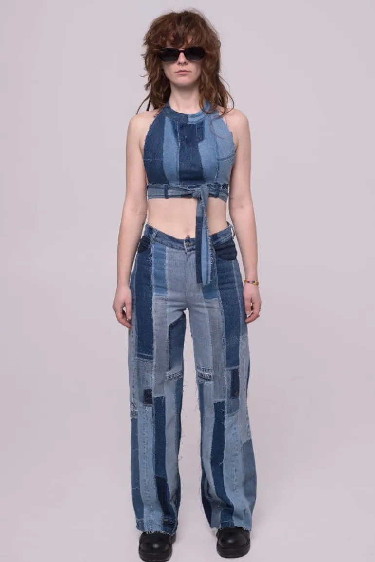 Pants<CULT MIA WIDE LEG UPCYCLE PATCHWORK JEANS Blue