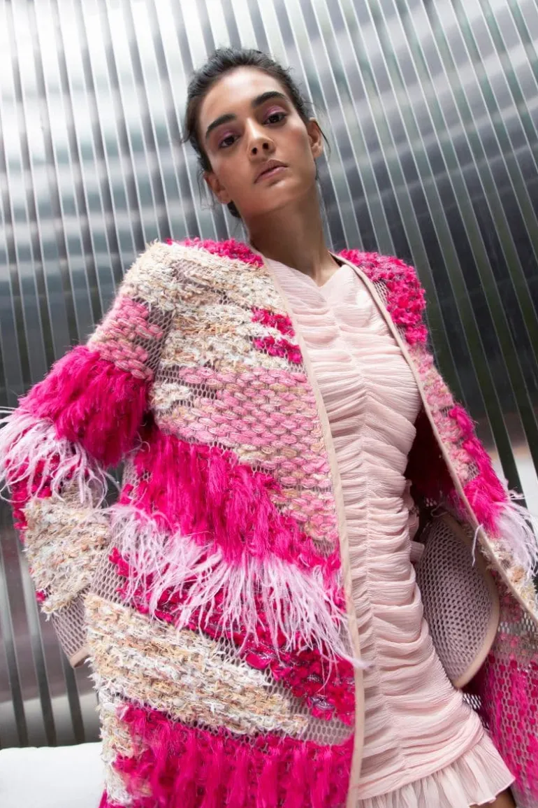 Knitwear<CULT MIA WOOL-BLEND FRINGED LONG-LINE BUBBLEGUM CARDIGAN