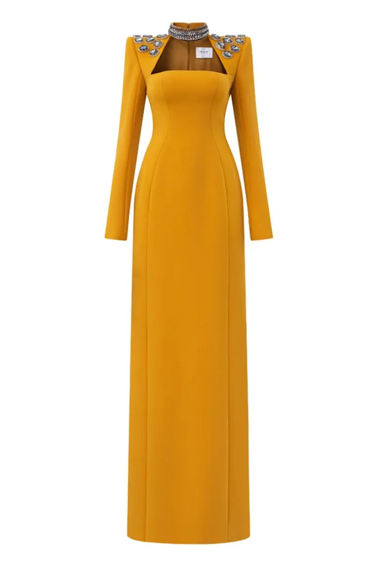 Dresses | Gowns<CULT MIA CHOKER SHOULDER STONE EMBELLISHED GOWN Yellow