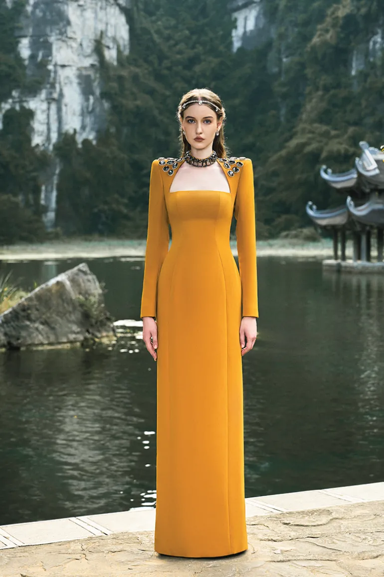 Dresses | Gowns<CULT MIA CHOKER SHOULDER STONE EMBELLISHED GOWN Yellow