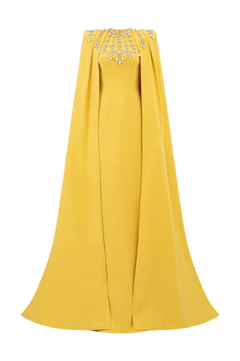 Dresses | Gowns<CULT MIA STONE EMBELLISHED CAPE AND BODYCON GOWN SET Yellow