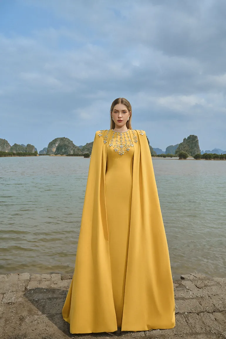 Dresses | Gowns<CULT MIA STONE EMBELLISHED CAPE AND BODYCON GOWN SET Yellow