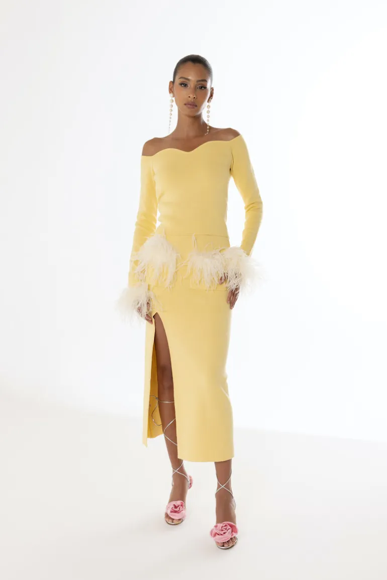 Skirts<CULT MIA VANILLA KNIT SKIRT WITH FEATHERS Yellow