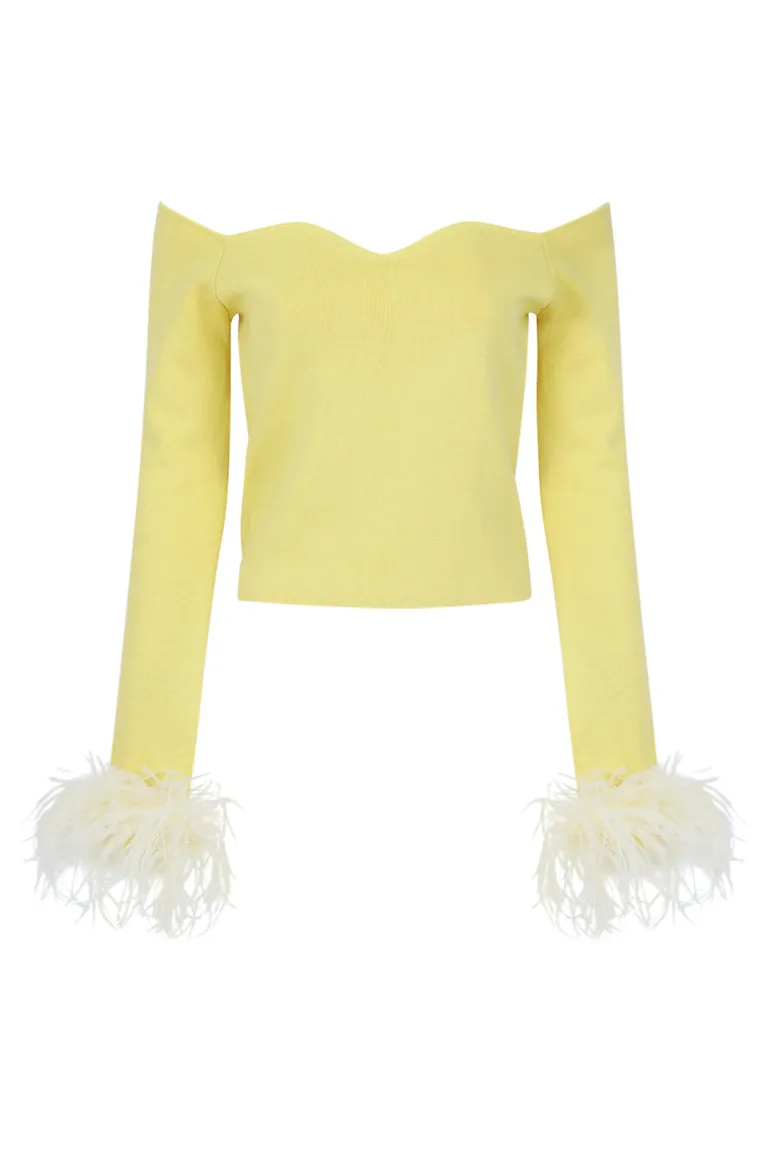 Tops<CULT MIA VANILLA KNIT TOP WITH DETACHABLE FEATHER CUFFS Yellow