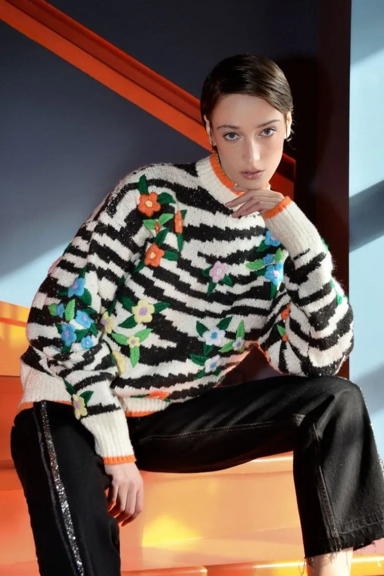 Knitwear<CULT MIA ZEBRA MULTICOLOR FLORAL DETAILING WOOL-BLEND SWEATER