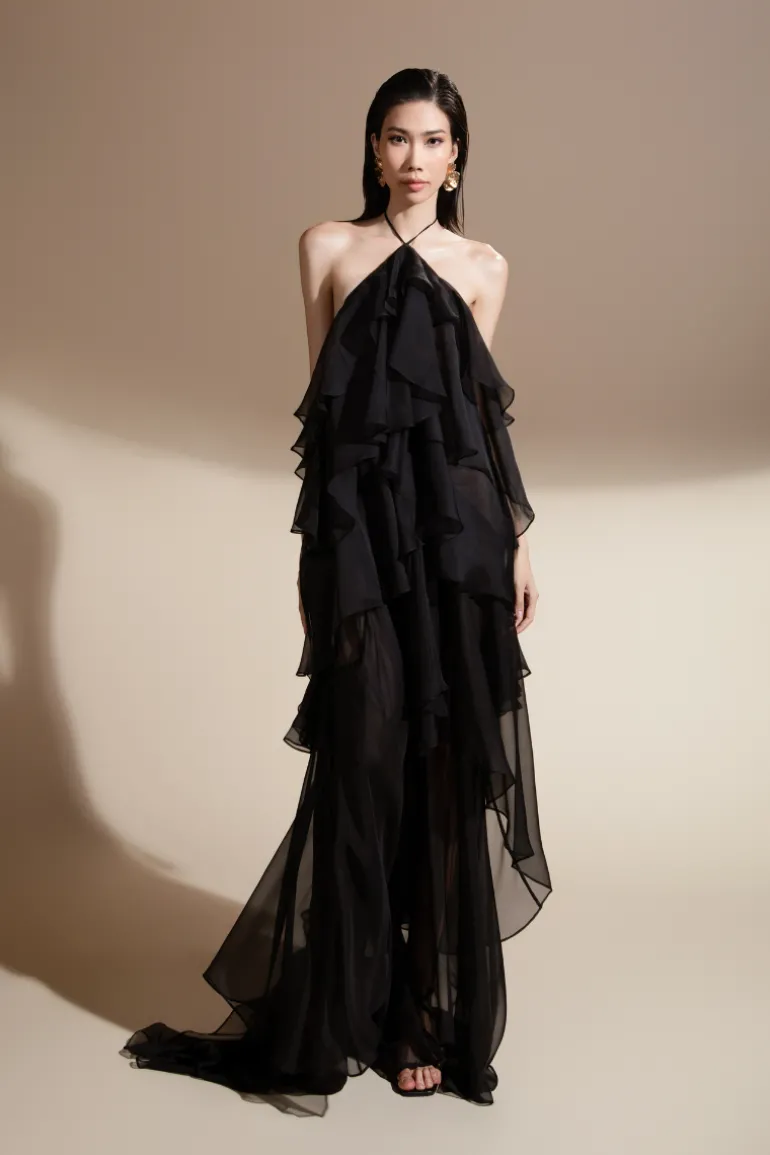 Dresses<CULT MIA ZELDA HALTER ORGANZA VOILE FLOOR LENGTH DRESS Black